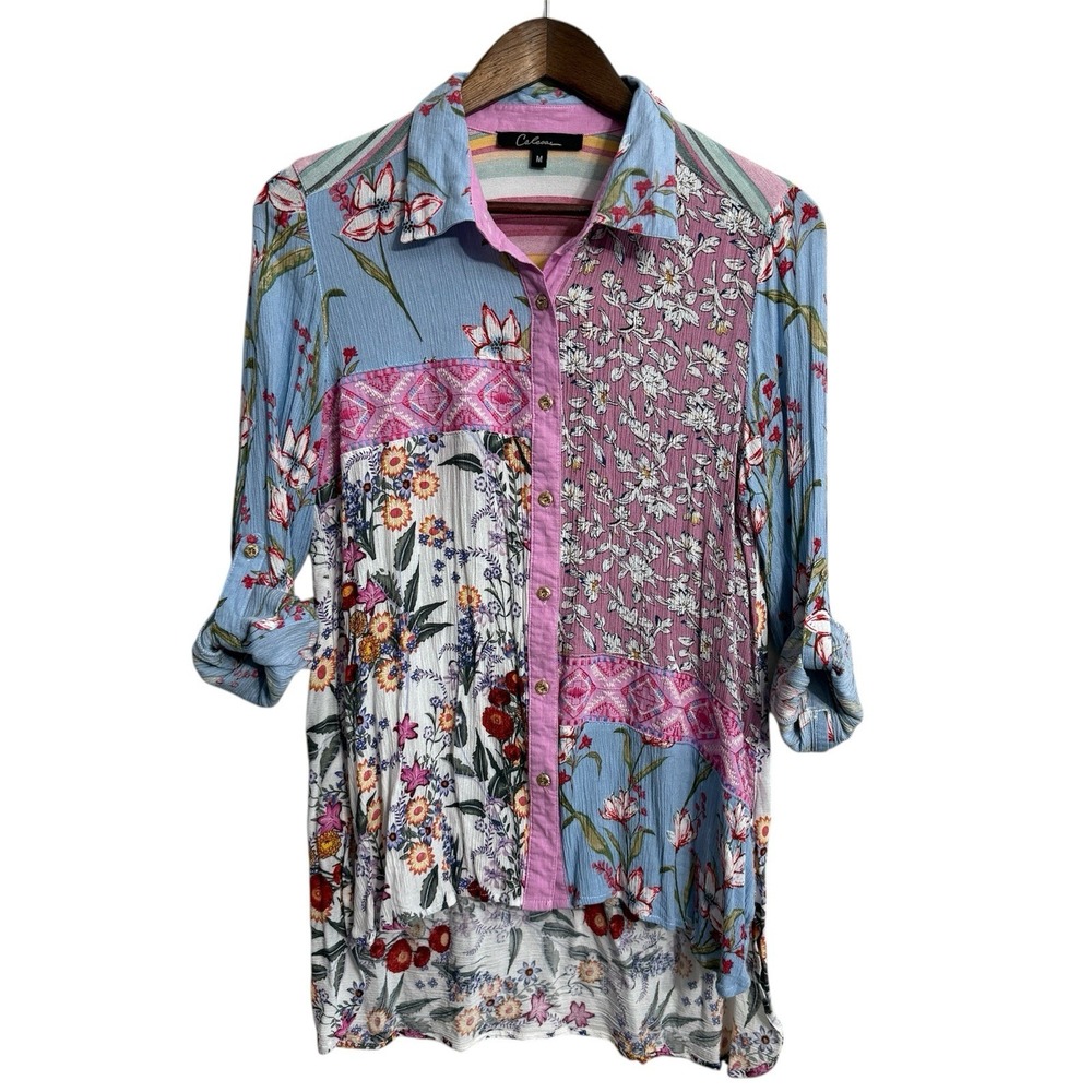 Calessa‎ shirt women's medium embroidered patchwork floral aztec roll tab gauzy
